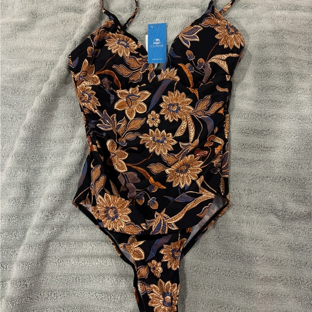 NWT Cupshe Floral One-Piece Swimsuit - Black and Gold